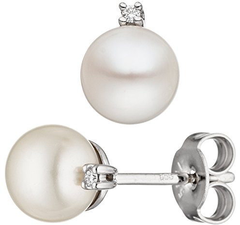 Jobo Damen-Ohrstecker aus 14 Karat 585 Weißgold mit Perlen und 2 Diamanten