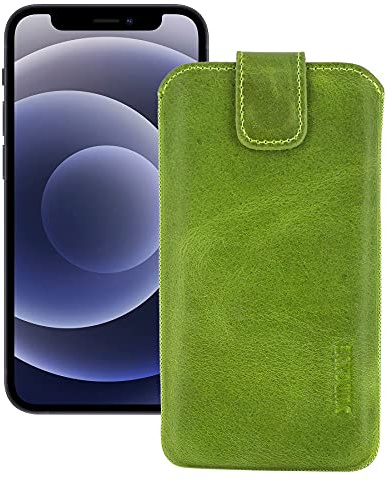 Suncase Etui Tasche kompatibel mit Apple iPhone 12 mini (5.4) mit ZUSÄTZLICHER Hülle/Schale/Bumper/Silikon *Lasche mit Rückzugfunktion* Handytasche Ledertasche Schutzhülle Case in antik-Kiwi grün