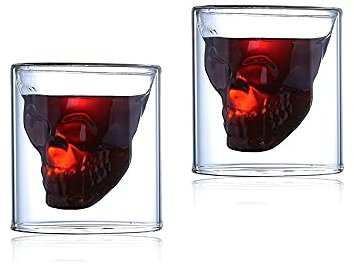HNND Lot de 2 verres à vin en cristal transparent en forme de tête de mort - Pour cocktail, bière, whisky, etc. - Transparent - 250 ml