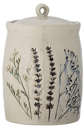 Bloomingville Bea Gefäß mit Deckel aus Steingut in dekorativen Naturfarbtönen und handbemaltem Blumenmotiv - ideal als Vorratsdose und Behälter in deiner Küche, 12 x 20,5 cm