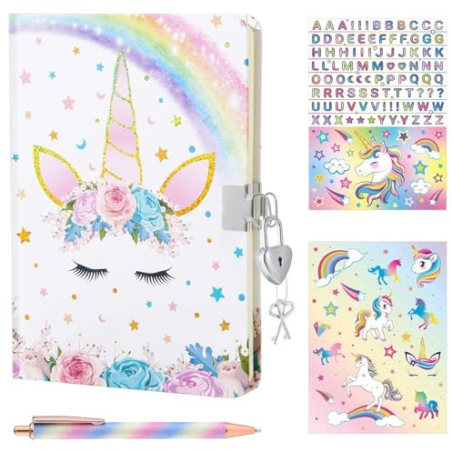 WERNNSAI Magic Unicorn Journal Set - Glitter Diary Gift for Girls Kids School Travel Private Notebook Hardcover A5 Memos Writing Drawing Notepad Ballpoint Pen Stickers with Lock and Keys