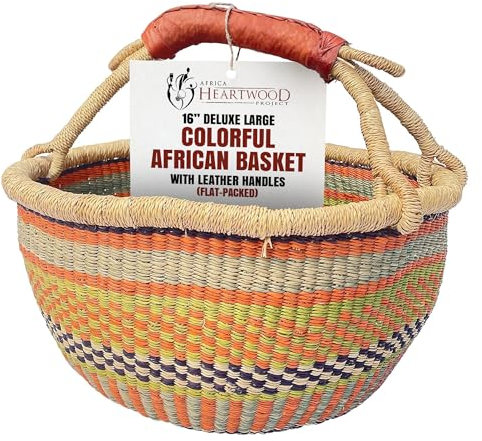 Africa Heartwood Project Luxuriöser bunter afrikanischer Korb mit Ledergriffen, handgefertigt aus getrocknetem Elefantengras, handgewebt von Frauen in Bolgatanga, Ghana, groß, 40,6 cm, rund, flach