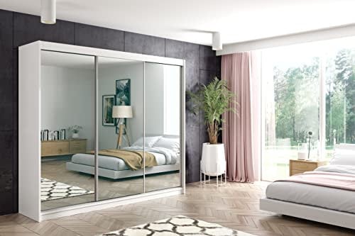 ALTDECOR Kleiderschrank mit Spiegel und Schiebetüren, kugelgelagerte Führungsschienen und Aluminium-Leisten, LED-Beleuchtung (weiß + 16 Farben) und Fernbedienung - DEBI - 240 cm Weiß