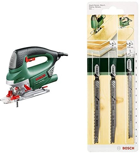 Bosch Stichsäge PST 1000 PEL (650 Watt, im Koffer) + 3tlg. Stichsägeblatt-Set Extra Clean for Hard Wood zum Sägen in Hartholz