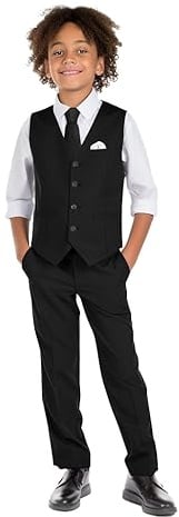 Marvelous Kids Boys 6-Piece V-Neck Formal Slim Fit Vest Suit Set, Black, Size 8