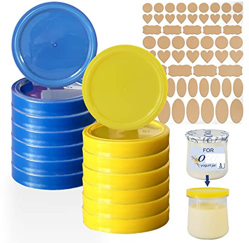 Oui Lot de 12 couvercles de bocaux à yaourt avec étiquettes de bouteille, couvercles de conteneur à yaourt transparents (jaune, bleu)