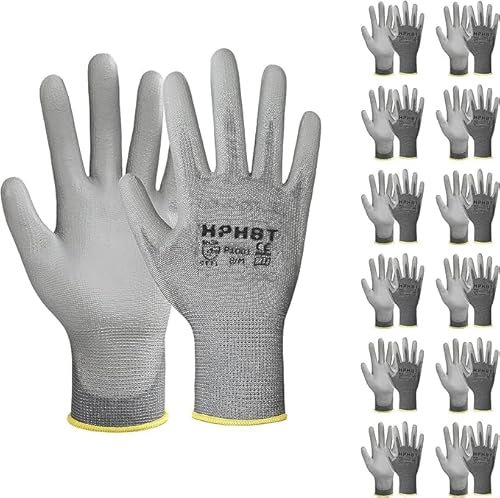 HPHST PU Besichtet Arbeitshandschuhe, 12 Paar Arbeit Handschuhe für Herren und Damen Rutschfeste Montagehandschuhe Gartenhandschuhe mit PU-Beschichtung für Bauarbeiter Mechaniker, Grau (XL)
