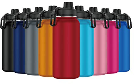 Mi Ko Mi Ka Botella de Agua de Acero Inoxidable - Botella Térmica Reutilizable Deportiva | Sin BPA | Mantiene Frio y Calor | Termo y Hermética - A Prueba de Fugas (1 Litro V2, Rojo)