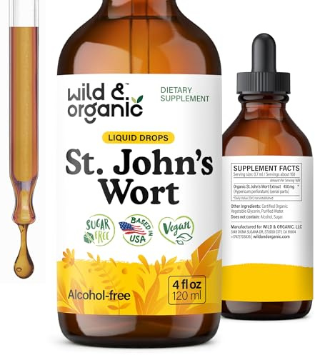 Wild & Organic St Johns Wort Tincture - Mood Support - Calming St John's Wort Supplement - Hypericum Perforatum Herbal Liquid Drops - Vegan, Sugar & Alcohol Free - 4 fl oz