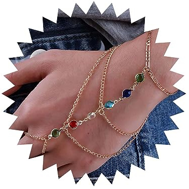 Wendalern Armband Handkette Für Frauen Geschichtet Bunt Strass Fingerring Armband Boho Sklavenarmband Handgeschirr Kette Persönlichkeit Regenbogen Kristall Kette Ring Armband Schmuck Für Mädchen
