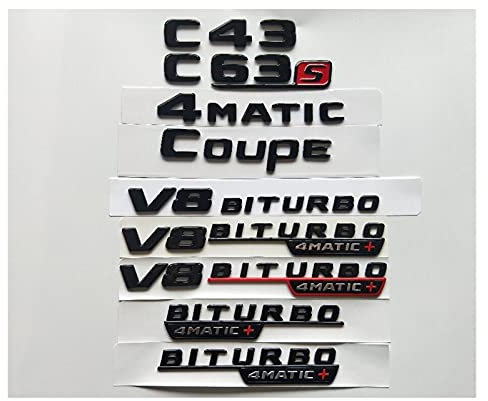 MGRAS Schwarz glänzend C43 C63 C6. 3s V8 biturbo 4matic + Kofferraum-Deckel-Emblem-Embleme Abzeichen Abzeichen for Mercedes Benz AMG W204 W205. Coupe Abzeichenaufkleber (Size : C 43)