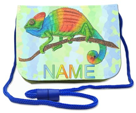 Maus-Design Kinder Brustbeutel mit Name, Chamäleon | Schriftartwahl, Klettverschluss, Schnur zum Umhängen, Klarsichtfach, Personalisiert