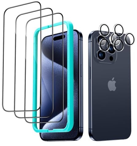ESR for iPhone 15 Pro Screen Protector Set, 3 Tempered-Glass Screen Protectors and 2 Sets Individual Lens Protectors, 2.5D Curved Edges, Full-Coverage Military-Grade Protection, Scratch Resistant