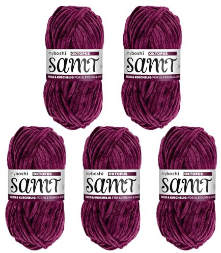 myboshi Samt Wolle zum Häkeln und Stricken, weiche Chenille Wolle im XXL-Knäuel, perfekt für Amigurumi und Kissen, 100% flauschige Polyester, 100g, Ll 100m Lila (Oktopus) 5 Knäuel