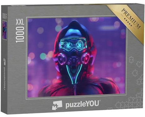 Puzzle 1000 Teile XXL „Digitale Kunst: Cyberpunk mit leuchtender Maske“ – aus der Puzzle-Kollektion Illustrationen