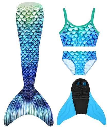EUKSRH Meerjungfrauenflosse Mädchen Meerjungfrauenschwanz für Kinder Schwimmen mit Meerjungfrau Flosse und Bikini Set(4 Stück Set)