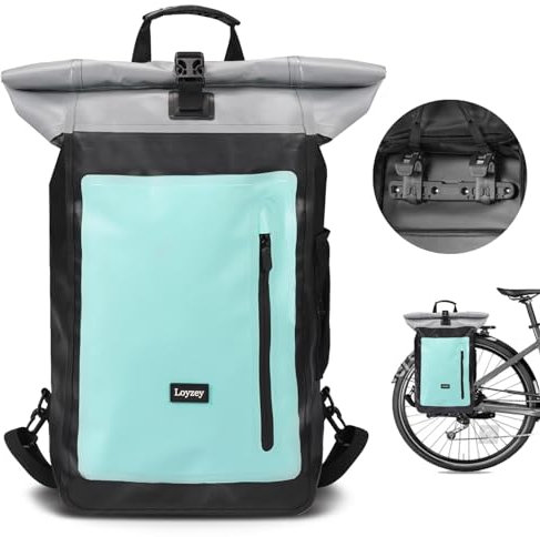 Loyzey Sacoche de Vélo 100% Imperméable Compartiment pour Ordinateur Portable 2 en 1 Sac à Dos & Sacoche Arrière Bicyclette pour Transport, Cyclisme, Camping (Menthe, 28L)