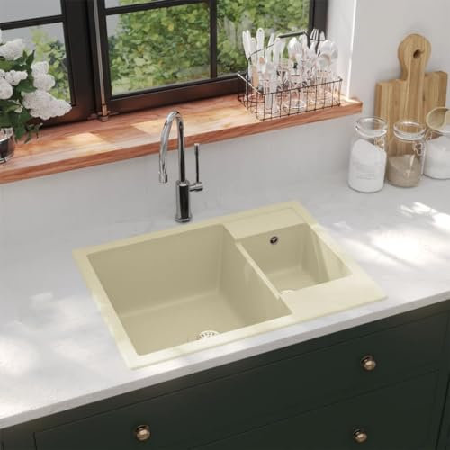 Home Outdoor Otros- Fregadero de cocina con orificio de desbordamiento, doble lavabo, granito beige