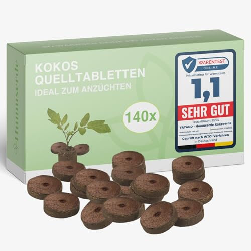 Kokos Quelltabletten mit Nährstoffen I Torffreie Quelltabletten 140 Stück I Gepresste Kokoserde für Pflanzenanzucht I Anzuchttabletten für Aussaat von Gemüse Blumen & Zimmerpflanzen