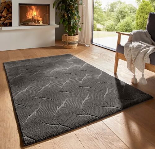 Taracarpet Kurzflor Boho Skandi Polyester Teppich in 3D Optik waschbar, pflegeleicht und robust ideal fürs Wohnzimmer, Schlafzimmer und Kinderzimmer auch als Badematte Anthrazit Düne 200x290 cm