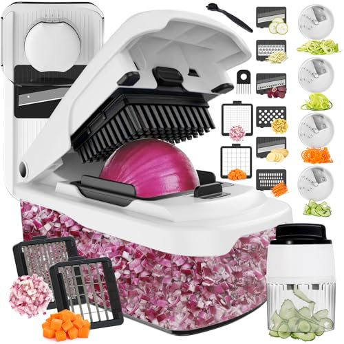Cambom Gemüseschneider mit Behälter, Multifunktionaler Lebensmittelzerkleinerer Zwiebel- & Gemüseschneider Würfelschneider mit 8 Klingen, Karotten- & Gemüsehobel 12 Klingen