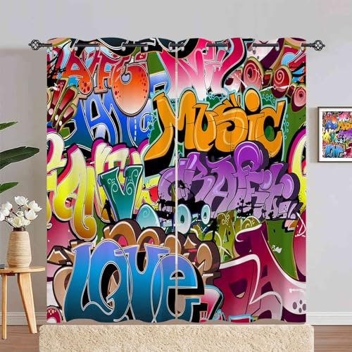 ANHOPE Bunte Städtisch Graffiti Gardinen Blickdichte mit Ösen Kinder Jungen Mädchen Thermo Vorhänge Blackout Curtain Vorhang Wohnzimmer Schlafzimmer Verdunklungsvorhänge 2er Set H 245 x B 200 cm