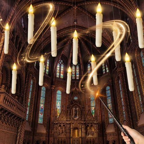 TOKIISHE 12 Bougies flottantes avec télécommande baguette magique, 17cm Bougies volantes, Bougies LED Magiques Suspendues à Piles avec Flamme Vacillante pour Décorations de Halloween, Noël et Mariage