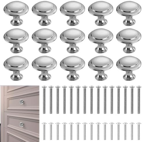 15 Pcs Cupboard Door Knobs,27mm Diameter Stainless Steel Round Drawer Knobs,Cabinet Knobs,Kitchen Door Knobs,Door Knobs for Cupboards with 30 Long and Short Screws,for Cabinets Drawers Wardrobes