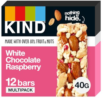 KIND Bars, White Chocolate Raspberry, Healthy Snack, Gluten Free Snack Bars, No Artificial Colours, Flavours or Preservatives, Multipack 12 x 40g