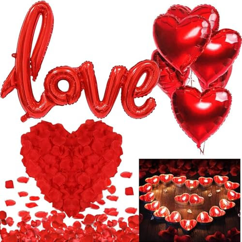 Kit de décoration romantique, ballon de décoration de Saint-Valentin, 1000 pétales de rose romantiques, 50 bougies romantiques, ballon en aluminium LOVE, convient pour demande en mariage, fiançailles,