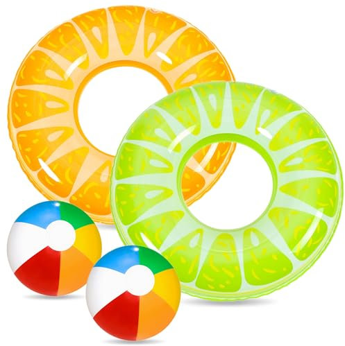 Chennyfun 4 Pcs Inflable Anillo de Natación Set para Niños y Adultos, con Balones de Playa, con Ddibujo de Limón y Naranja, Divertidos Juguetes Flotantes Inflables para Piscina y Fiestas