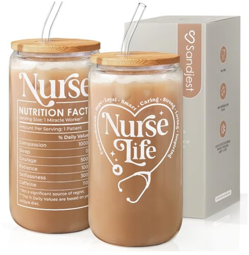 SANDJEST Nurse Glass Bottle, Nurse Life Glass Cup with Lid & Straw, Iced Coffee Aesthetic Glass Can, Idea Gift for Christmas Birthday Mother Day Nurse Week, Gifts for Women Friends, 16oz