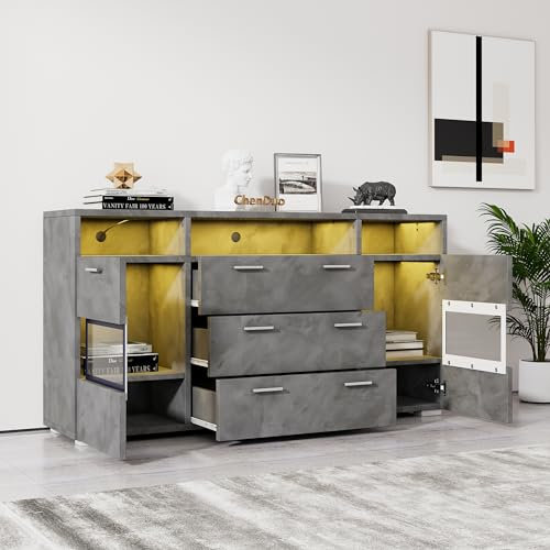 Azkoeesy Sideboard 140 x 34 x 73 cm, Kommode mit LED, 3 Schubladen und 2 Türen, Acryl transparentes Design, mit 3 offenen Staufächern, Modernes TV-Board, Buffet, für Wohnzimmer und Esszimmer, Grau