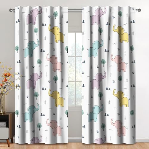 Kzzfqxb Kinder vorhänge 117x138cm 2 Paneele Elefantenbabys kleine Bäume Gräser Fensterdekoration für Kinder Mädchen Jungen Schlafzimmer Kinderzimmer Wohnzimmer