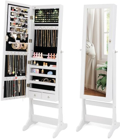 HOMFME Armoire a Bijoux 146 CM avec Miroir Psyché Autoportant avec Serrure, Rangement Bijoux avec Lumières LED Intégrées, 4 Angles Inclinables, Étagères, Crochets, Idéal pour Chambre, Salon (Blanc)
