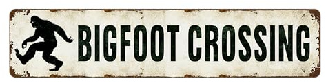 Bigfoot Crossing Metallschild – lustiges Sasquatch-Warnschild für Hof, Wald, Lager, Trail – Vintage-Blechwanddekoration, Kabinenkunst, 10,2 x 40,6 cm, Aluminium