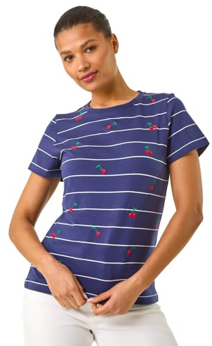 Roman Originals T-Shirt for Women UK - Ladies Tee Shirt Summer Top Holiday Day Causal Short Sleeve Blouses Round Crew Boat Neck Lightweight - Navy Cherry - Size 18