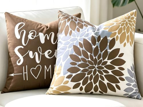 Sofa Kissenbezüge 50x50cm mit Braun Blumen Dahlien und Schrift, 2er Set Kissenhülle Waschbar aus Weichem Kurzflor-Stoff, Sofakissen Bezug Dekorativ, Kissenbezug für Deko Schlafzimmer Wohnzimmer