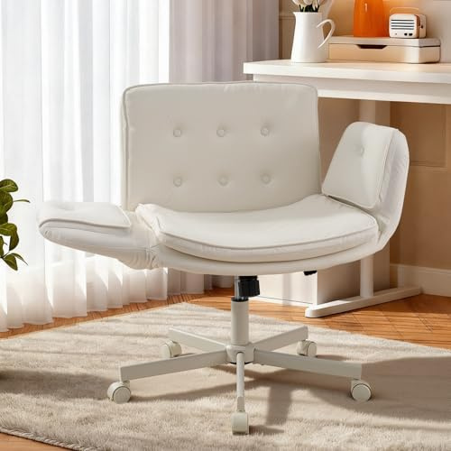 Warmiehomy Criss Cross Chair with Wheels, Vanity Chair with Wide Seat Beige | Home Office Chair with Adjustable Armrests. PU Leather Make Up Chair for Bedroom. Swivel Chair for Dressing Table.