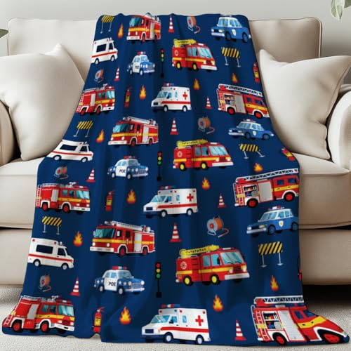 GLOBLELAND Geschenk Decke 150x130CM Feuerwehrauto Mama/Papa Geschenk Geburtstagsgeschenk Geschenke für Frauen Männer Polizeiauto Krankenwagen Wohn-Decke Flanell Kuscheldecke