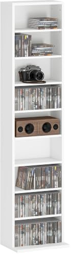 HOMCOM 260 CD/120 DVD Aufbewahrungseinheit mit 9 Fächern, Weiß | Blu-ray Medien-Aufbewahrungsregal, 6 verstellbare Regalböden, CD-Turm, Wohnzimmer, Schlafzimmer, Büro