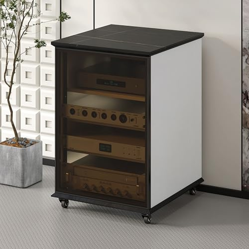LIHDNGXM AV-Audio-Regal, 2/3/4-stufiger Video-Schrank mit Rädern, Audio-Regal-Turm, CD-Plattenspieler mit gehärtetem Glas für Verstärker, KTV(White,3 Tier)