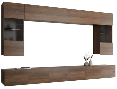 Mirjan24 Moderne Wohnwand Calabrini I, Anbauwand, Mediawand, Hängevitrine, TV Lowboard, Wandregal, Wohnzimmerschrank, Fernsehschrank (ohne Beleuchtung, Nuss Warmia)