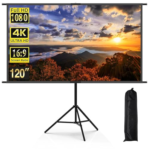 Projector Screen with Stand 120 Inch, Outdoor Projector Screen, 4K HD 16:9, Wrinkle-Resistant Milk Silk Fabric, Freestanding & Wall-Mountable, for Indoor & Outdoor Home Theater
