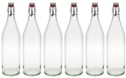 Flaschenland 1L Glasflaschen Giara im 6er Set aus Klarglas für Saft Wasser Likör Sirup Milch und Öl mit Bügelverschluss