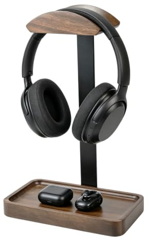 WORLUDE Kopfhörer Ständer für Schreibtisch - Aus massivem Holz und Aluminium, Gaming Headset Ständer mit Tablett-Ablage, universeller Kopfhörerhalter, geeignet für Over Ear und Gaming Kopfhörer