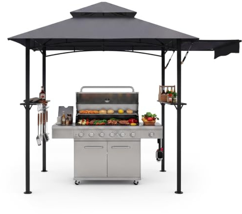COSTWAY Gazebo per Barbecue 247 x 150 cm, Pergola per BBQ con Telo Laterale Retraibile, 2 Ripiani, 8 Ganci, Struttura in Metallo e Tetto a Doppio Strato per Feste, Barbecue e Picnic