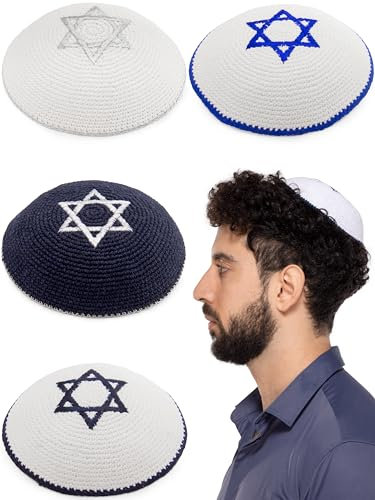 ateret yudaica Hq Color Kippah für Herren & Jungen, Yamaka Hut aus Island, Kippot Bulk. 17CM Flat Mix Colors Hand Made With Star 0f Dav!d Stickerei – 4er-Pack – (Modell #5)
