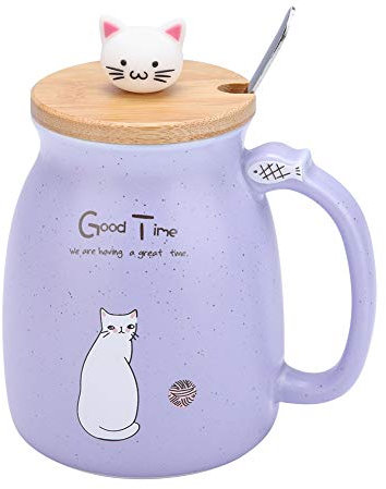 Taza de Café de Cerámica, 420 ML Lindo Gato Moderno Taza de Café Tazas de Café Único Taza de Cerámica Con Tapa y Cuchara Para Mujeres Hombres Hogar Oficina