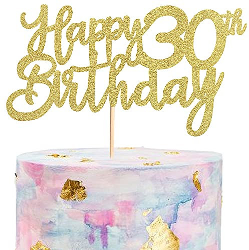 Happy 30th Birthday Cake Toppers, 3 Pcs Gold Cake Decorations for Women Man 30th Birthday Cakes Cupcakes, Glitter Cake Topper Banner Decoration for Cheers to 30 Birthday Anniversary Party Supplies